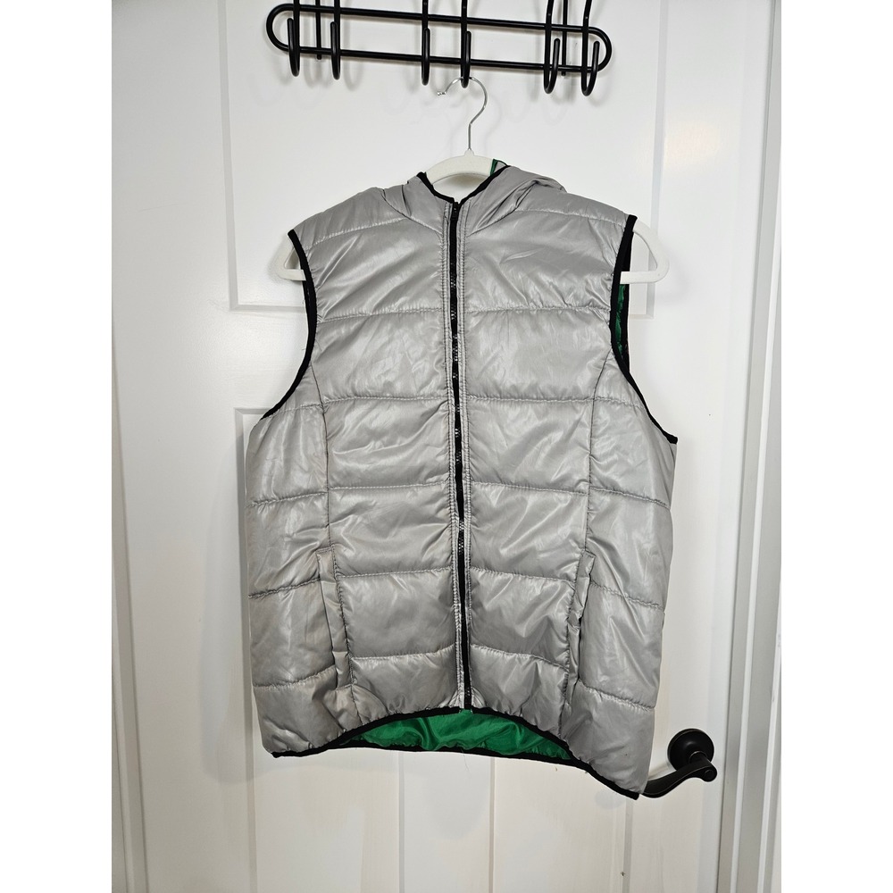 Aeropostale Mens Silver Metallic Hooded Puffer Vest Green Lining Size M 3277